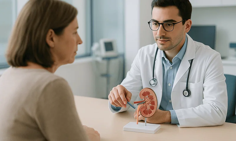 Urologist explaining kidney health with model to patient in clinic.