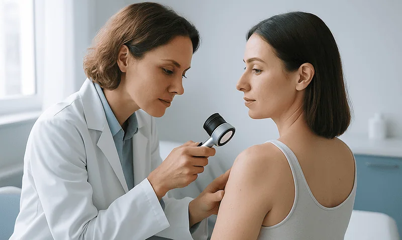 Doctor examining patient's skin with a dermatoscope in a clinical setting.