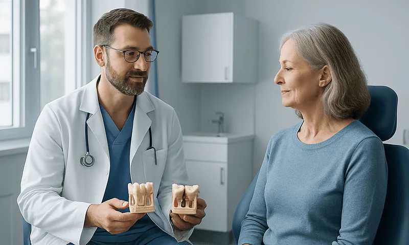 Dentist explaining tooth extraction options to an elderly woman.