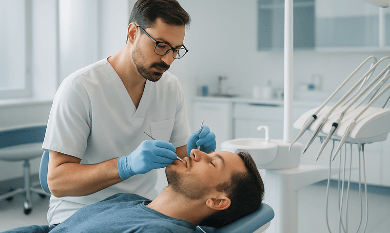 Dentist performing oral examination on patient in dental clinic.