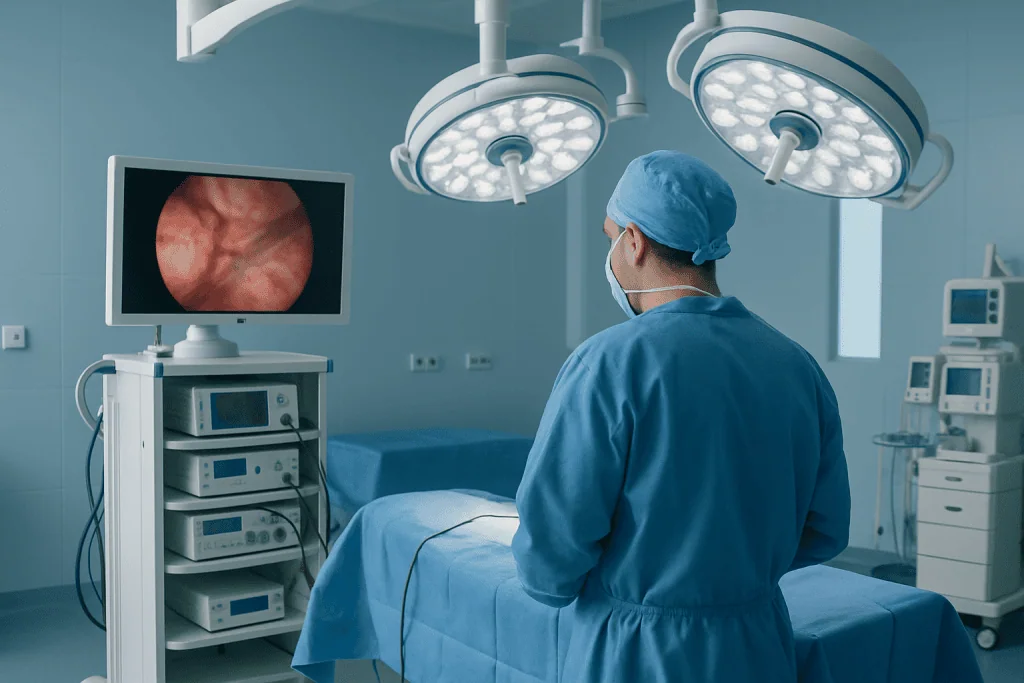 Single-Port VATS 1 Surgeon performing single-port VATS surgery in a modern operating room.
