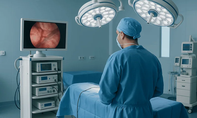 Surgeon performing single-port VATS surgery in a modern operating room.