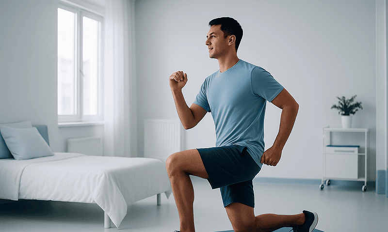 Man doing lunges in a bright, modern room after surgery.