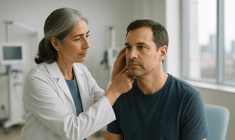 ENT specialist examining a patient's nasal area in a hospital setting.