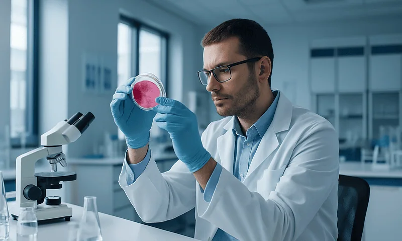 Research scientist examining a petri dish in a laboratory setting.
