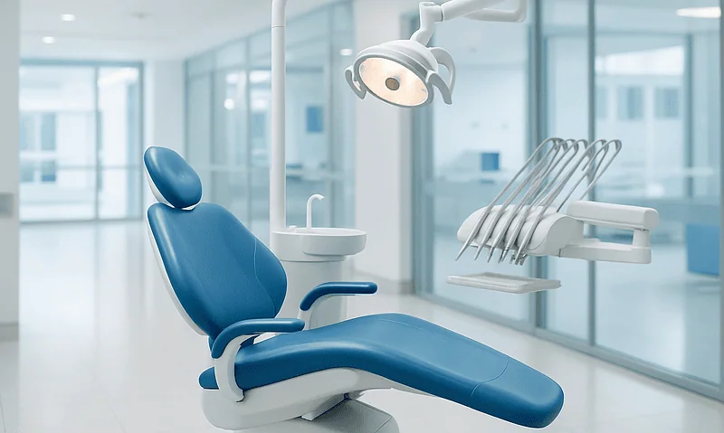 Modern dental clinic with dental chair and equipment in a clean, bright environment.