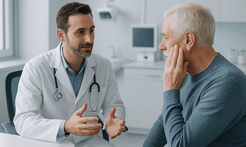 Dentist consulting with an elderly patient in a modern clinic.