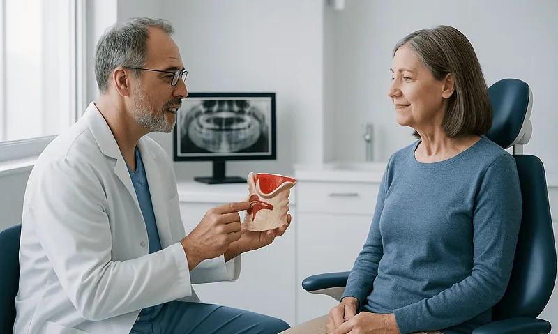 Dentist explaining sinus lift procedure to a patient with a model of the sinus anatomy.