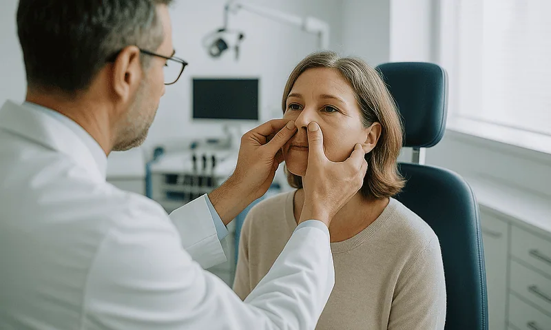 ENT specialist examines patient's nose during sinus consultation at Acibadem Hospital.