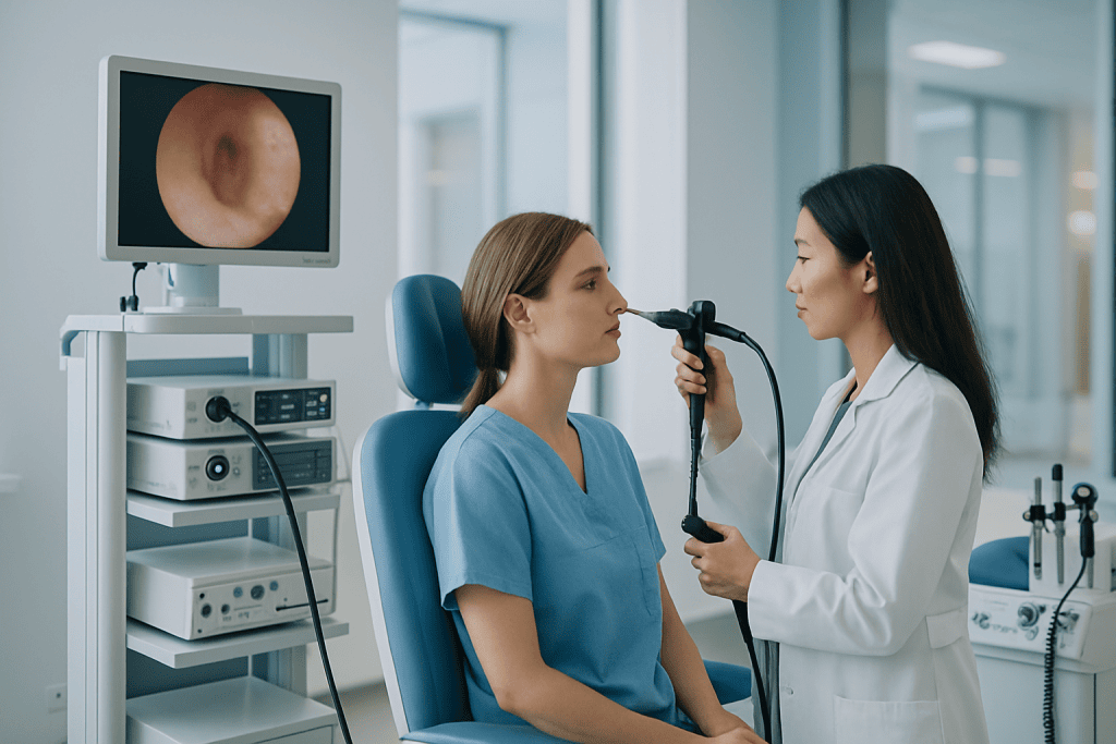 Sinusitis 1 ENT specialist examines patient's nasal cavity for sinus issues.