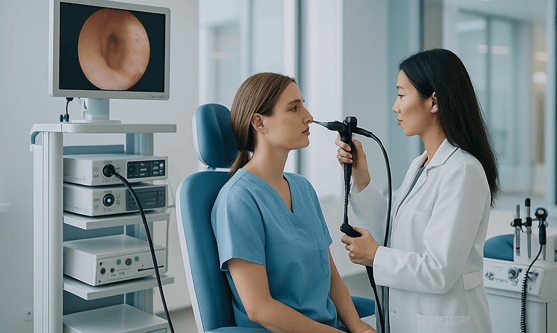 ENT specialist examines patient's nasal cavity for sinus issues.