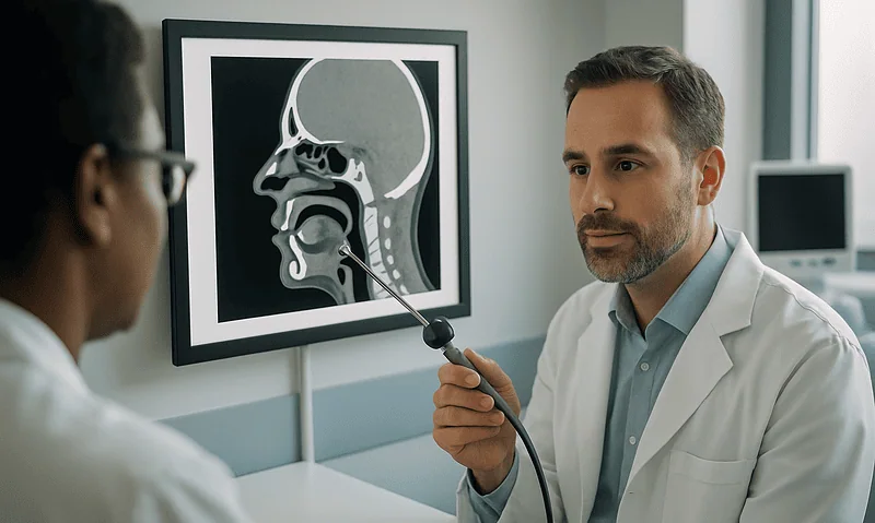 ENT doctor explaining sinus anatomy with an endoscope during consultation.