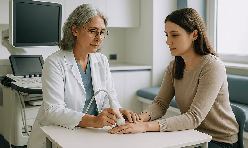 Doctor examining patient's hand in a medical consultation room.