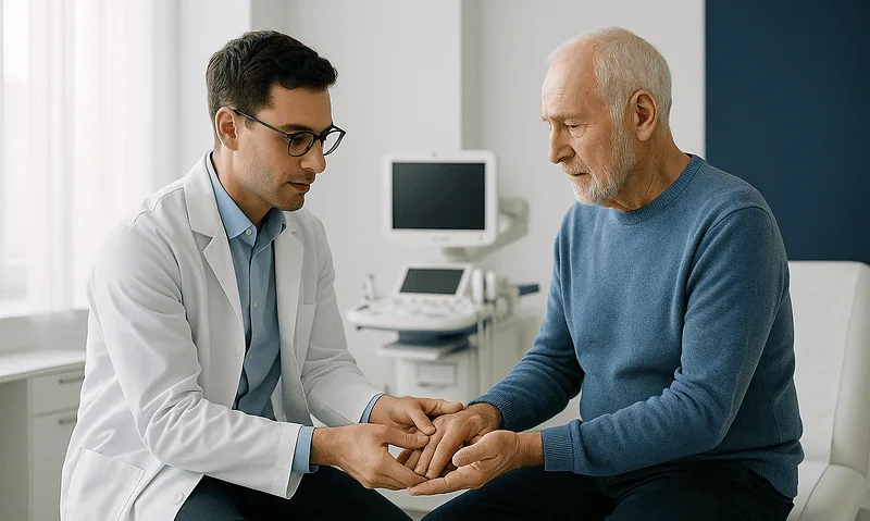 Doctor examining elderly patient's hand in a medical consultation.
