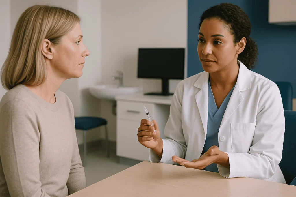 Doctor holding syringe consulting with female patient: Skin boosters explained: where does Profhilo fit in?