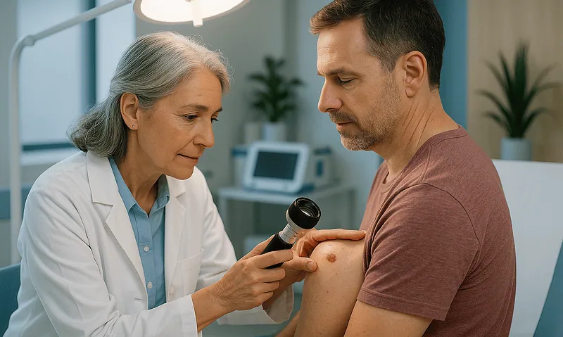 Dermatologist examining a patient's skin for skin cancer detection.