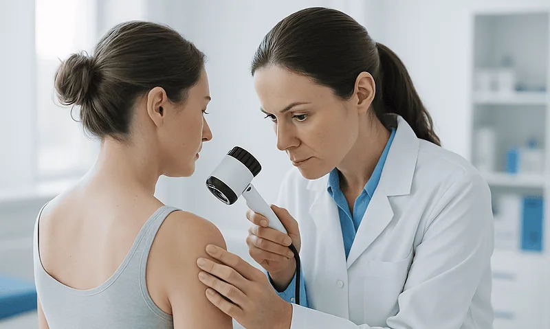 Dermatologist examining a patient's skin with a dermatoscope in a clinical setting.