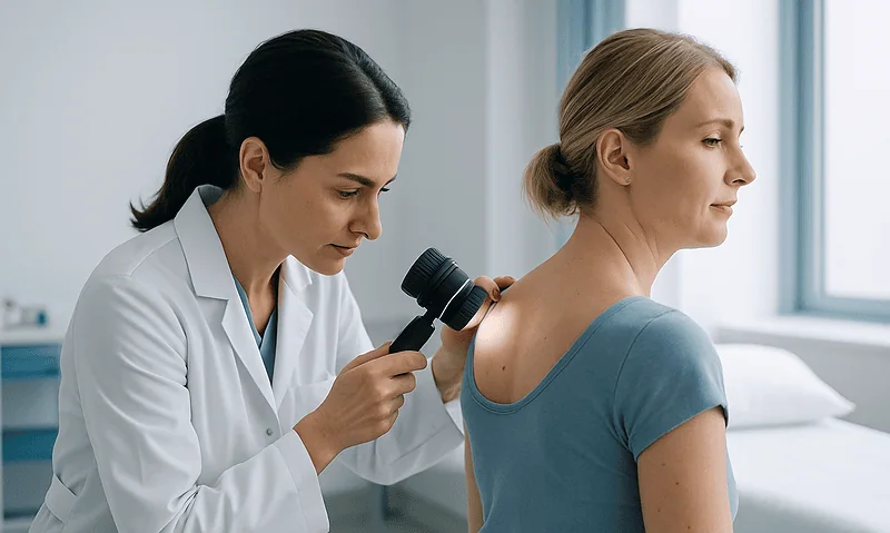 Doctor examining patient's skin with dermatoscope in clinic.