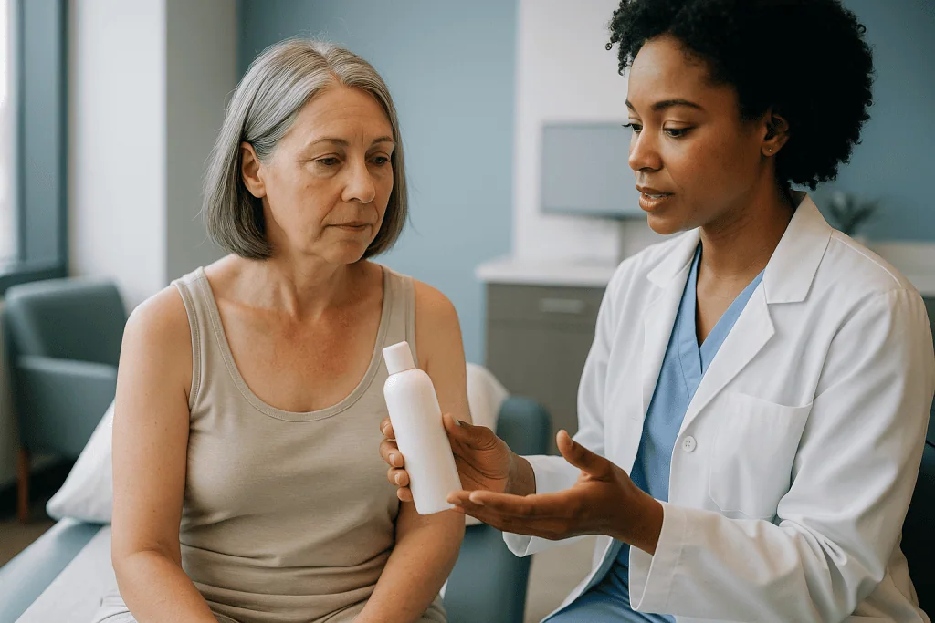 Healthcare provider showing product bottle to mature female patient: Skin care during IMRT: what "fragrance-free" actually m