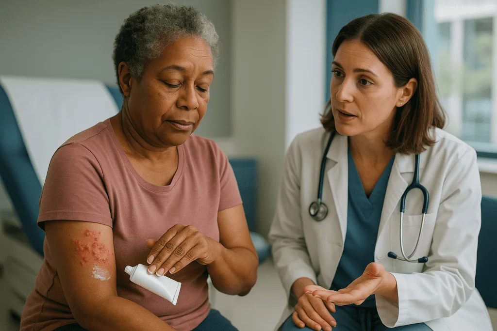 Doctor examining patient's shingles rash on arm: Skin care for the shingles rash: what genuinely helps
