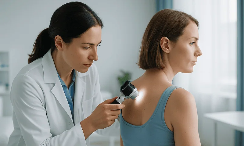 Doctor examining patient's back with a dermatoscope in a clinical setting.