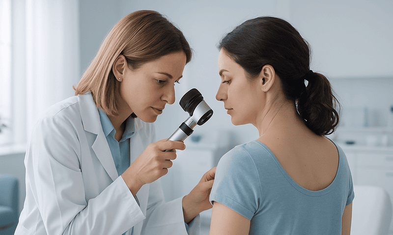 Dermatologist examining a patient's skin with a magnifying glass in a clinical setting.