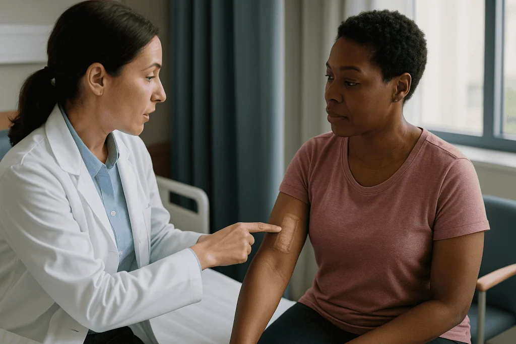 Doctor examining patient's arm during consultation — Skin graft healing stages at a glance: a typical timeline