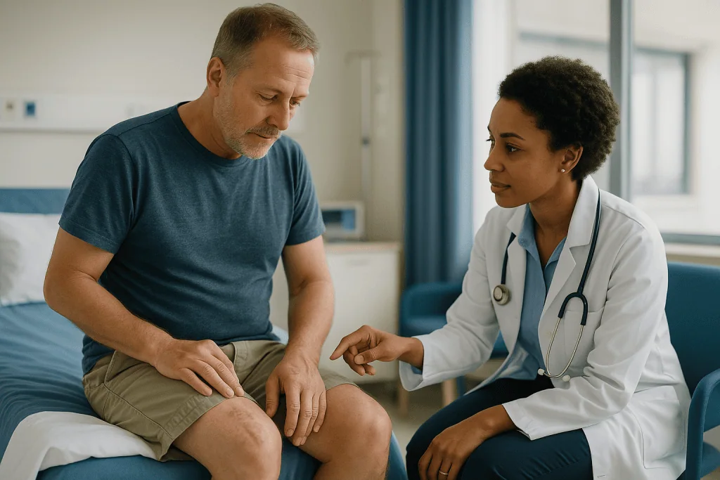 Doctor examining patient's knee during consultation: Skin graft healing stages: how a graft becomes living skin