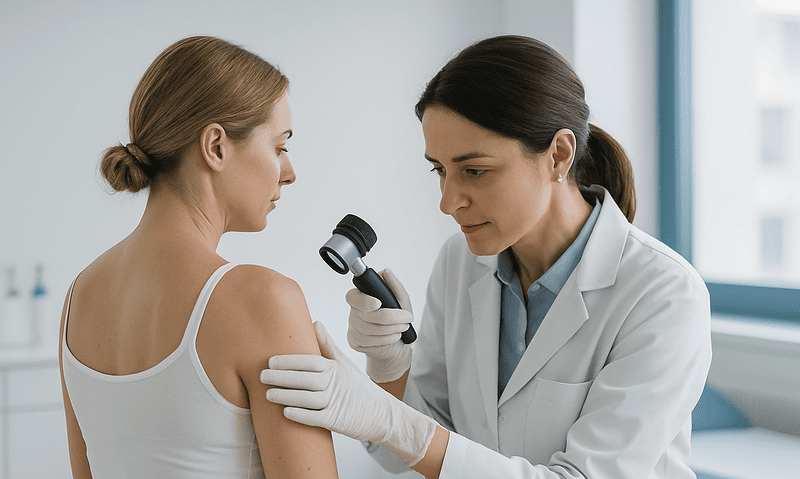 Doctor examining patient's skin with a dermatoscope in a clinical setting.