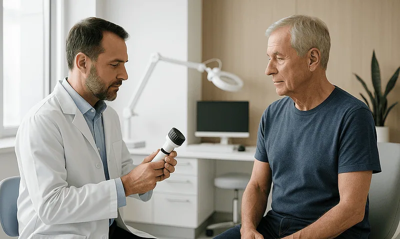 Doctor explaining skin graft procedure to an elderly patient in a clinic.