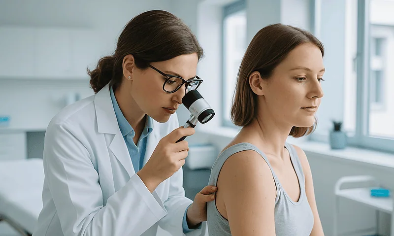 Dermatologist examining a woman's skin with a magnifying glass in a clinical setting.