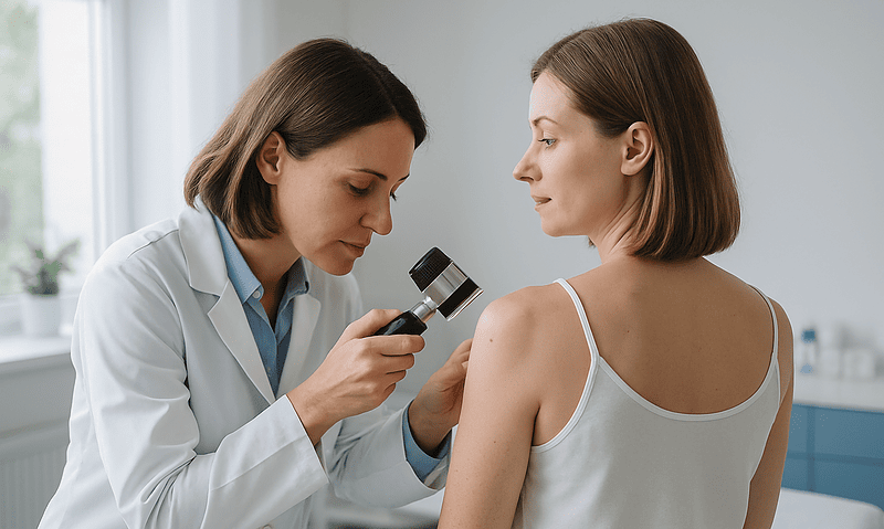 Dermatologist examining a patient's shoulder with a dermatoscope in a clinical setting.
