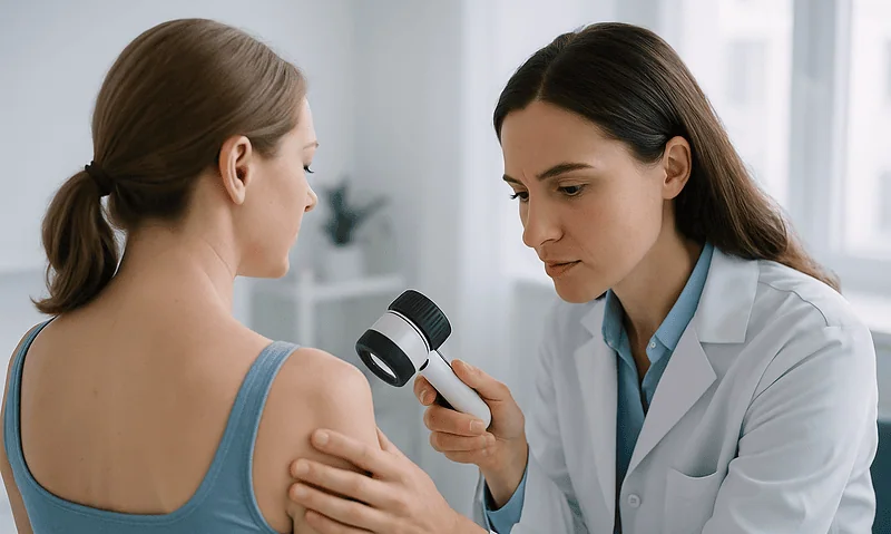 Dermatologist examining patient's shoulder with dermatoscope in clinic.