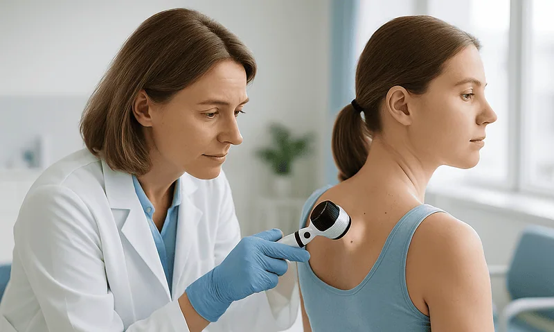 Dermatologist examining patient's skin with a dermatoscope at clinic.