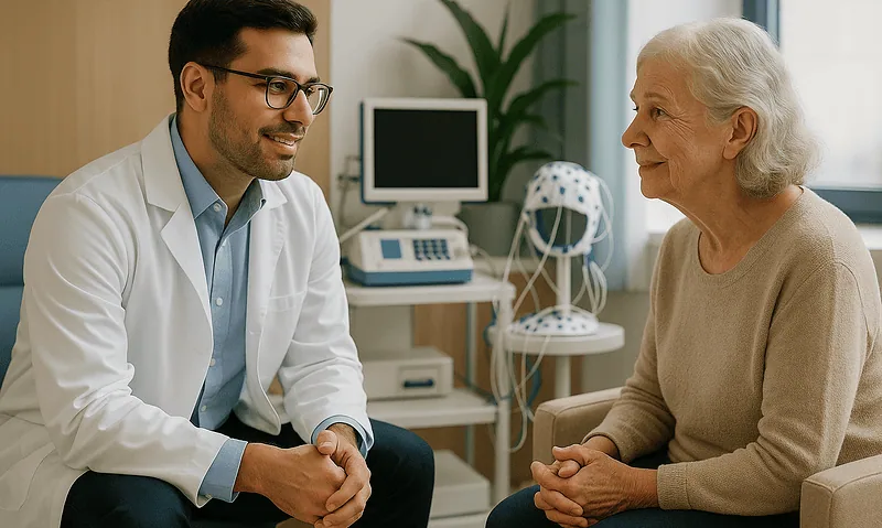 Doctor consulting with elderly patient in a medical office setting.
