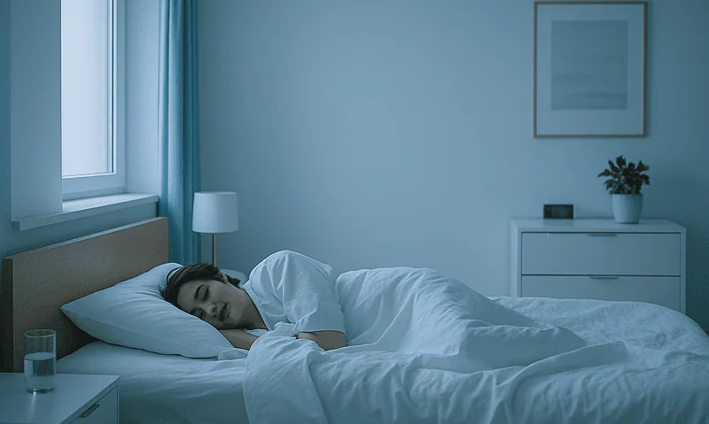 Woman sleeping peacefully in a modern bedroom with natural light.