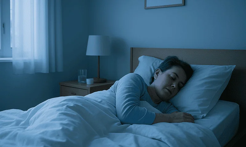 Woman sleeping peacefully in a bedroom with soft lighting.