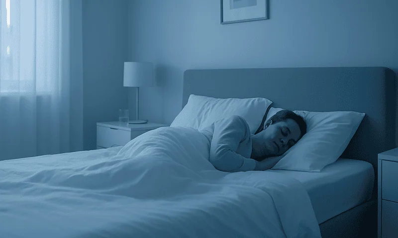 Person sleeping peacefully in a modern bedroom at night.