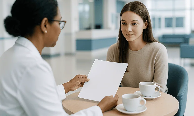 Doctor consulting with a young female patient in a modern clinic setting.
