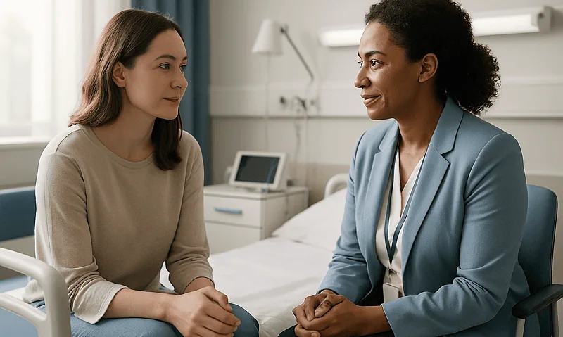 Patient consulting with doctor in a hospital room for sleep study assessment.