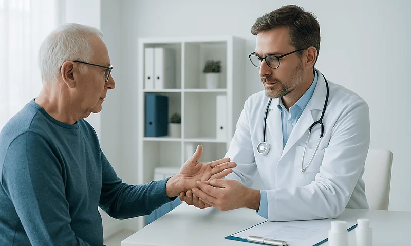 Doctor examining elderly patient's hand for joint health assessment.