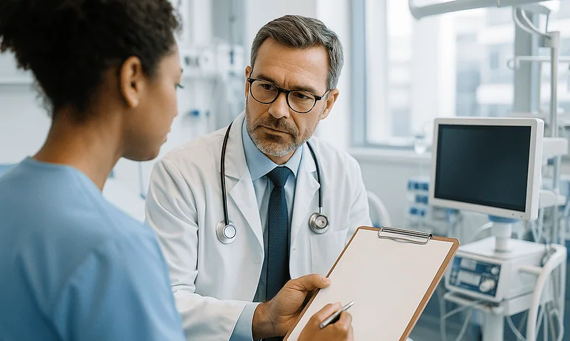 Doctor consulting with a patient in a hospital setting.