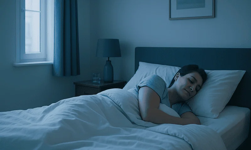 Young woman sleeping peacefully in a modern bedroom at night.