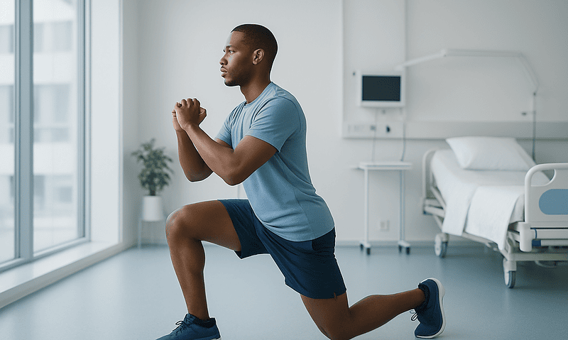 Man performing lunges for post-sling surgery recovery in hospital room.