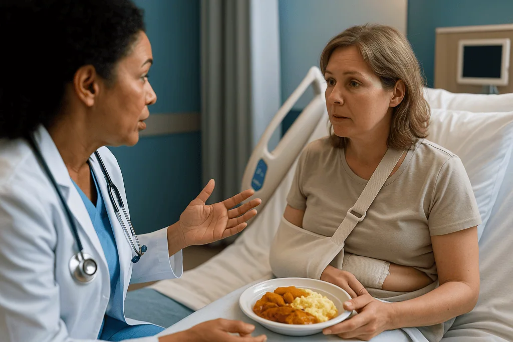 Doctor consulting patient about meal tray in hospital bed: Sling surgery recovery: what to expect in the first 48 hours