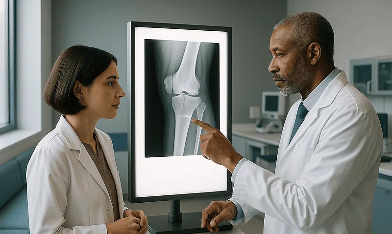 Doctor explaining knee X-ray to a female patient in a medical office.