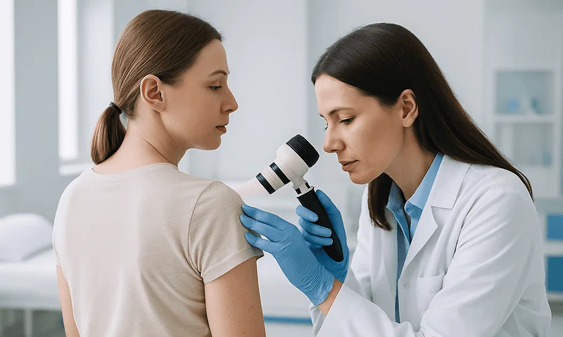 Slugging: What Occlusive Skincare Does, and Who Should Skip It 3 Dermatologist examining a patient's skin with a dermatoscope in a clinical setting.