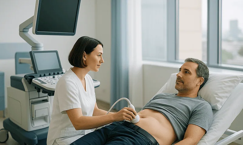 Doctor performing abdominal ultrasound on male patient in hospital room.