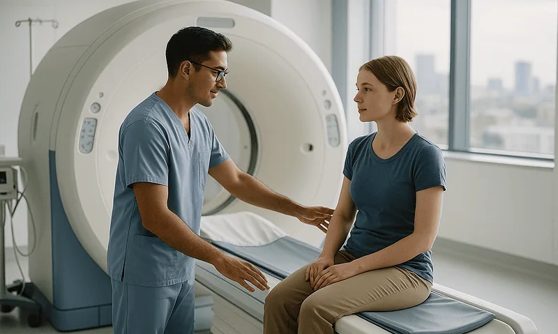 Doctor explaining scan results to a patient in a hospital room.