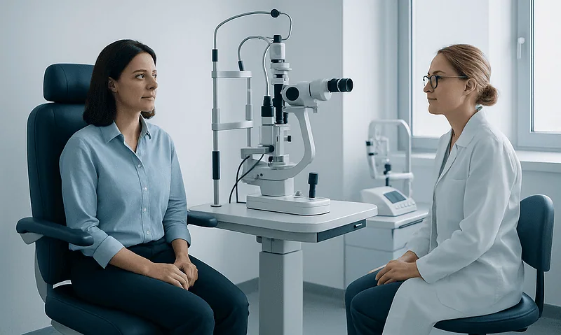 Optometrist conducting eye examination with slit lamp at Acibadem Hospital.